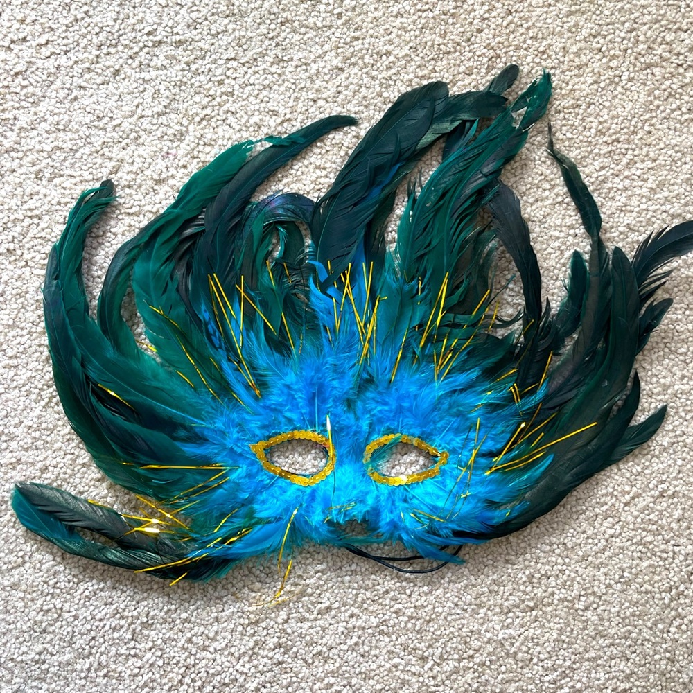 Peacock Feather Masquerade Mask Teal Blue Gold Halloween Mardi Gras Costume